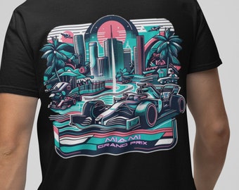 Camiseta negra retro del Gran Premio de Miami de Fórmula 1, logotipo frontal de neón, gráficos vibrantes en la parte posterior del auto de carreras de Miami, mercancía unisex de F1