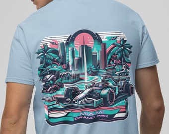 Camiseta retro azul claro del Gran Premio de Fórmula 1 de Miami, logotipo frontal de neón, gráficos vibrantes en la parte posterior del auto de carreras de Miami, mercancía unisex de F1
