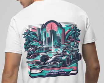 Camiseta blanca retro del Gran Premio de Miami de Fórmula 1, logotipo frontal de neón, gráficos vibrantes en la parte posterior del auto de carreras de Miami, mercancía unisex de F1