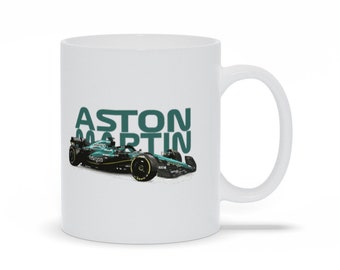 Taza Aston Martin F1: mejora tu rutina matutina con esta taza de cerámica blanca con el auto del equipo Aston Martin F1 2023