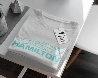 Camiseta gráfica gris de Lewis Hamilton Fórmula 1 - Ropa clásica ajustada con camiseta de diseño azul Petronas / Regalo para entusiastas de la Fórmula 1