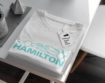 Camiseta gráfica blanca de Lewis Hamilton Fórmula 1 Uso diario Clásico equipado con camiseta de diseño azul Petronas / Regalo para entusiastas de la Fórmula 1