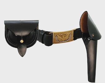 Civil War Cavalry NCO Leather Waist Belt Eagle Brass Buckle Military Cap Pouch Holster