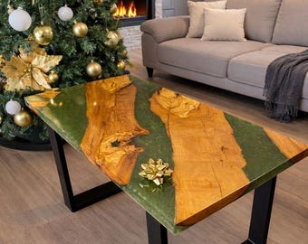 table basse en bois d'olivier et résine verte