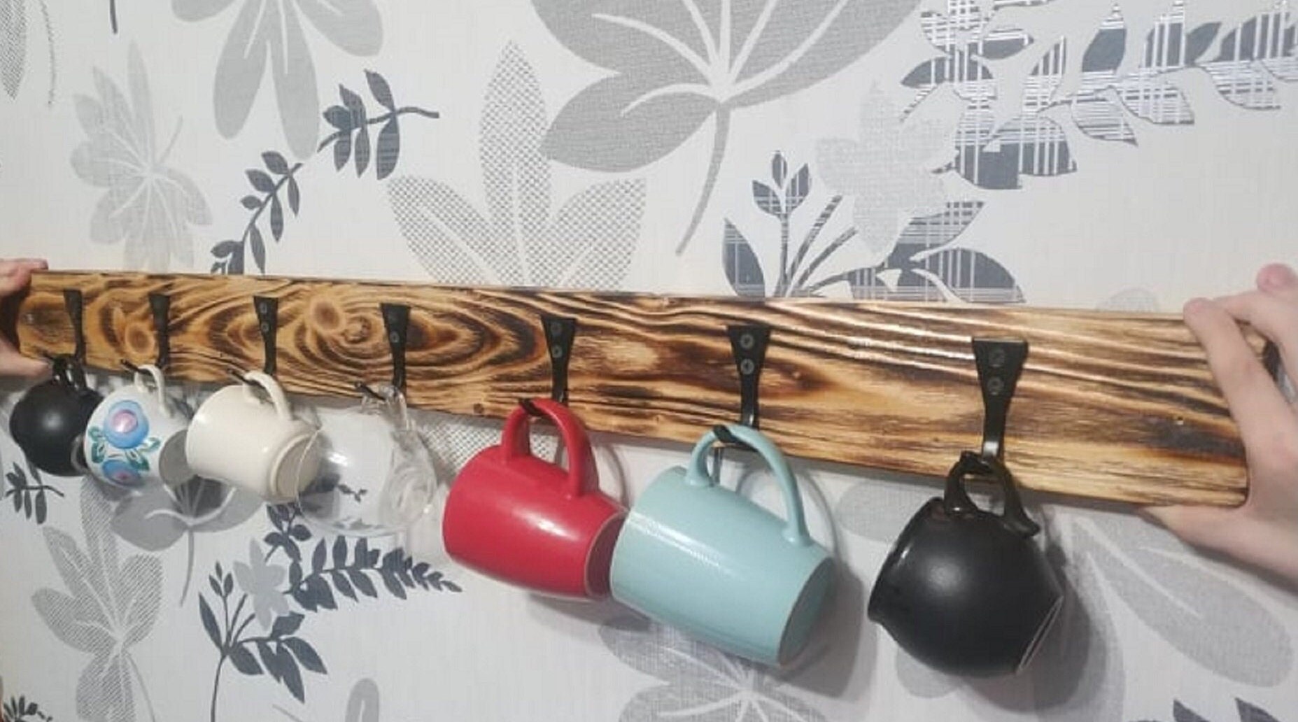 Wooden holder for 7 cups Wooden cup holder with hooks Rustic Etsy