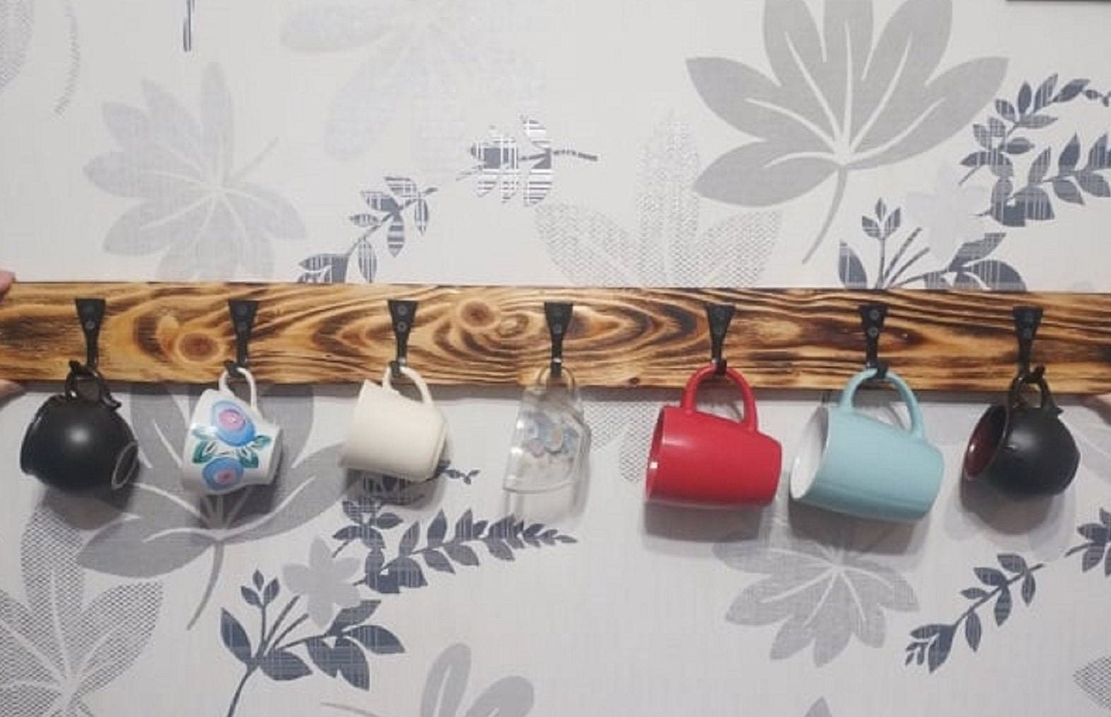 Wooden holder for 7 cups Wooden cup holder with hooks Rustic Etsy