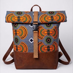 Roll-top backpack Mula with graphic pattern | Laptop compartment up to 15.6 inches | Velvety lining | Afro Urban Design
