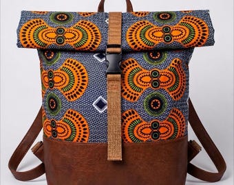 Roll-top backpack Mula with graphic pattern | Laptop compartment up to 15.6 inches | Velvety lining | Afro Urban Design
