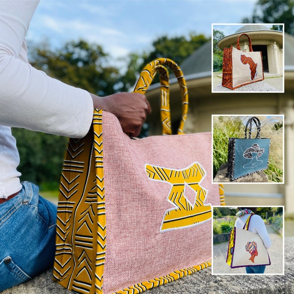 Handtasche "Reine" - Handgefertigte Henkeltasche aus afrikanischem Stoff - Afro Damen Handtasche mit Afro Symbolen