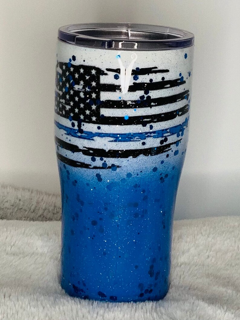 FREE SHIPPING 20 oz Curved \u201cProud Police Wife\u201d Flag Blue Confetti Glitter Tumbler