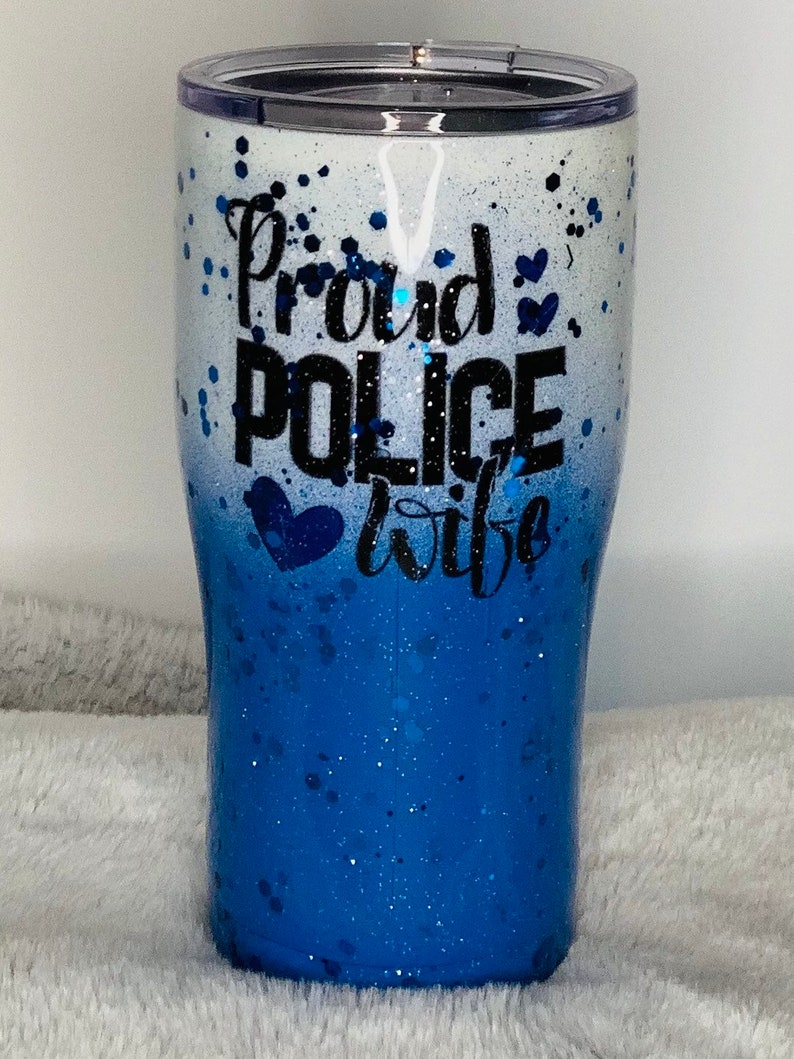 FREE SHIPPING 20 oz Curved \u201cProud Police Wife\u201d Flag Blue Confetti Glitter Tumbler
