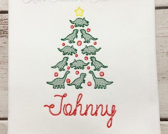 Embroidered Dino Christmas Tree Shirt - Personalized Holiday Shirt