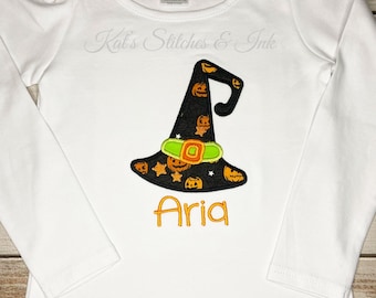 Personalized Toddler Halloween Shirt: Embroidered Pumpkin Witch Hat