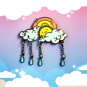 Cute Rainbow Hard Enamel Pin | Kawaii Rain Cloud | Rain Drop Dangle Pin
