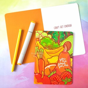 Słodka ilustrowana kartka dla wegan i wegetarian | Kawaii kartka rocznicowa | Owoce i warzywa | Myślę o Tobie i przyjaźni