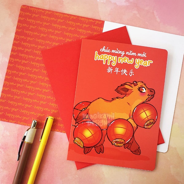 2021 Cute Lunar New Year Greeting Card | Kawaii Year of the Ox | Chinese New Year Red Envelope