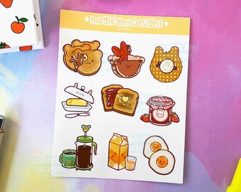 Cute Animal Themed Brunch Sticker Sheet | Glossy Kawaii Breakfast Foods Stickers