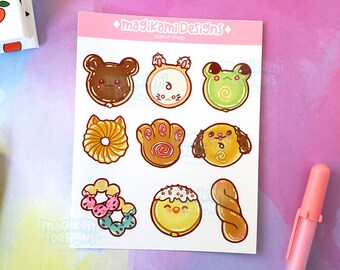 Cute Animal Donuts Sticker Sheet | Glossy Kawaii Bakery Desserts