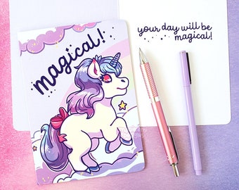 Kawaii Unicorn Birthday Card | Cute Magical Greetings Card for Kids | Purple Illustrated Birthday Cards for Girls and Boys