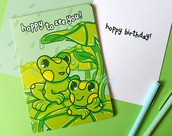 Tarjeta de rana kawaii para amantes de la rana / Linda tarjeta de felicitación para días lluviosos / tarjeta de cumpleaños / tarjeta para niños / tarjetas de cumpleaños ilustradas