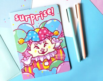 Kawaii Clown Greeting Card | Cute Cat Birthday Card | Celebration, Friendship, Thinking of You Card | Balloons and Confetti
