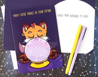 Cute Fortune Teller Birthday Card | Kawaii Fox Greeting Card | Illustrated and Fun Purple Card