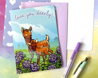 Love you "Deerly" Pun Mother's Day Card | Cute Deer Anniversary Greeting Card | Punny Kawaii Mama and Fawn
