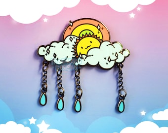 Carino perno smalto duro arcobaleno / Kawaii Rain Cloud / Rain Drop Dangle Pin