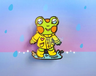 Cute Raincoat Frog Hard Enamel Pin | Kawaii Splashing Puddle Froggy | Rainy Day Fun