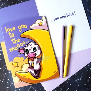 Cute Cow Greeting Card | Kawaii Birthday Card | Moon and Stars Anniversary Card | Love you to the moon and back