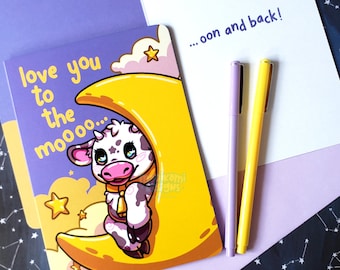 Cute Cow Greeting Card | Kawaii Birthday Card | Moon and Stars Anniversary Card | Love you to the moon and back