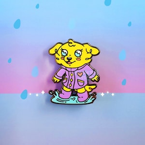 Cute Raincoat Dog Hard Enamel Pin | Kawaii Splashing Puddle Doggy | Rainy Day Fun