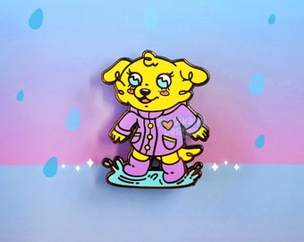 Cute Raincoat Dog Hard Enamel Pin | Kawaii Splashing Puddle Doggy | Rainy Day Fun