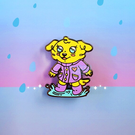Cute Raincoat Dog Hard Enamel Pin | Kawaii Splashing Puddle Doggy | Rainy Day Fun