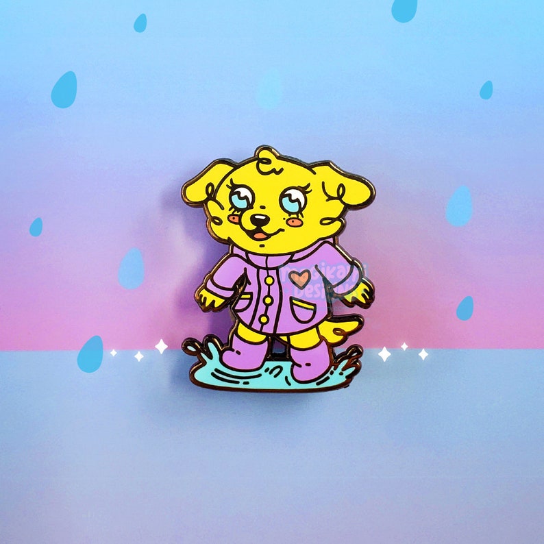 Cute Raincoat Dog Hard Enamel Pin / Kawaii Splashing Puddle Doggy / Rainy Day Fun immagine 1