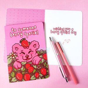 Kawaii Berry Bear Greeting Card | Cute Strawberry Birthday Card | Punny Card | Pink Bear