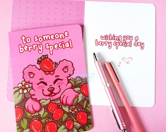 Kawaii Berry Bear Greeting Card | Cute Strawberry Birthday Card | Punny Card | Pink Bear