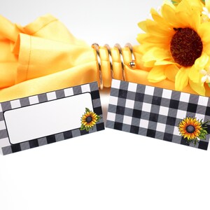 Naam Plaats Kaart, Zonnebloem & Buffalo Plaid Tafelsetting, Gasten zitplaatsen Arrangement, Tafel Decor, Buffet Food Label, Tent Gevouwen / Stijl 1