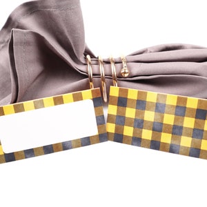 Name Place Card, Geel & Grijs Plaid, Gingham Tafelsetting, Gasten zitplaatsen Arrangement, Tafel Decor, Buffet Food Label, Tent Fold / Style 29