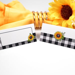 Naam Plaats Kaart, Zonnebloem & Buffalo Plaid Tafelsetting, Gasten zitplaatsen Arrangement, Tafel Decor, Buffet Food Label, Tent Gevouwen / Stijl 2