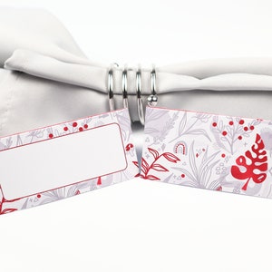 Name Place Card, Rood & Grijs Boho Forest Tafelsetting, Gastenverblijf Arrangement, Tafeldecor, Buffet Food Label, Tent Gevouwen / Stijl 18