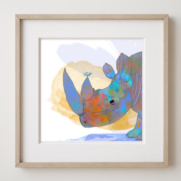 Rhino & Bird Artprint, Rhino Whimsical Illustration, Fine Art For Kids Rooms, Colorful Illustration Wall Decor, Giclee