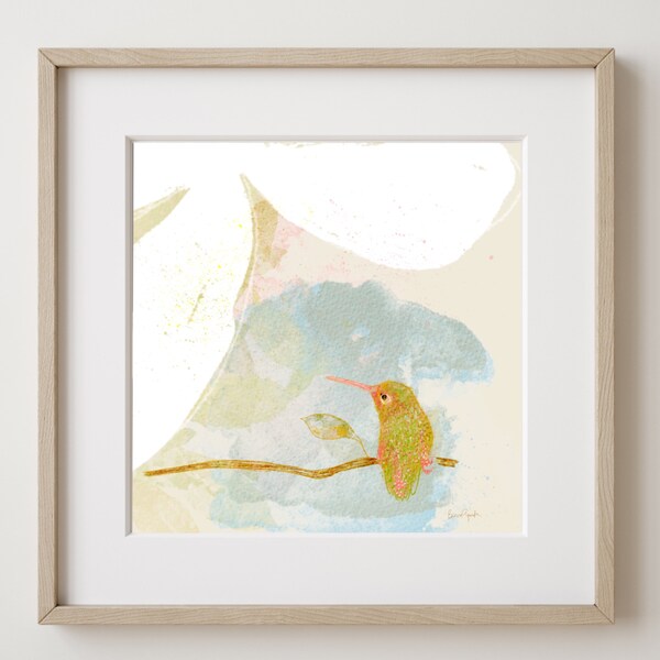 Hummingbird on a branch, art print, children's room decor, kids room decor, children's wall art, nursery wall art, bird giclee print