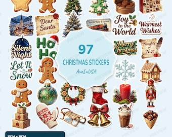 97 Christmas Stickers PNG Bundle, Holiday Crafts, Planners, Gift Tags (Digital Download)