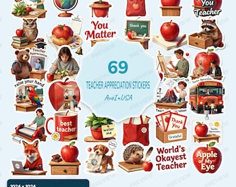 69 Teacher Appreciation Stickers PNG, Teacher Clipart Bundle, Teacher Digital Stickers, School & Classroom Graphics