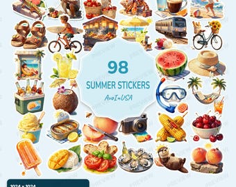 98 Summer Stickers PNG, Summer Clipart Bundle, Cute Summer Digital Stickers, Beach Vacation Graphics