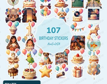 107 Birthday Stickers PNG, Birthday Clipart Bundle, Cute Birthday Digital Stickers, Party & Celebration Graphics