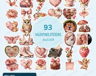 93 Valentine's Day Stickers PNG, Valentine Clipart Bundle, Cute Valentine's Digital Stickers, Love Holiday Graphics