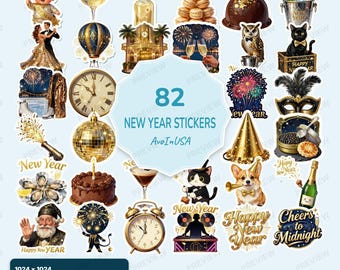 82 New Year Stickers PNG, New Year Clipart Bundle, New Year's Eve Digital Stickers, Celebration Graphics