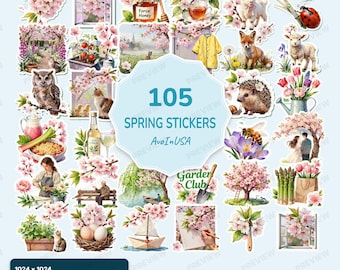 105 Spring Stickers PNG, Spring Clipart Bundle, Spring Digital Stickers, Floral & Seasonal Graphics